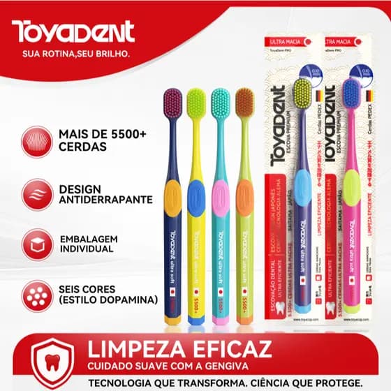 ToyaDent Escova de Dente, Cerdas Macias, Cores Brilhantes, Design Ergonômico 19CM