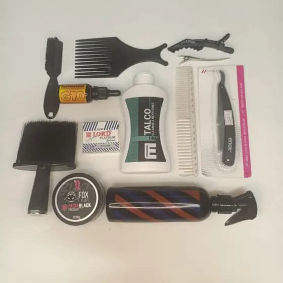 Kit Barbeiro Profissional Completo Borrifador Listrado Navalhete Enox Lâmina Lord Talco Pasta Black 12 Itens