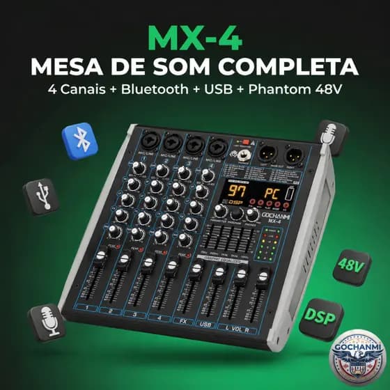 Mesa de Som MX4 4 Canais Entrada MIC LINE XLR P10 Bluetooth USB