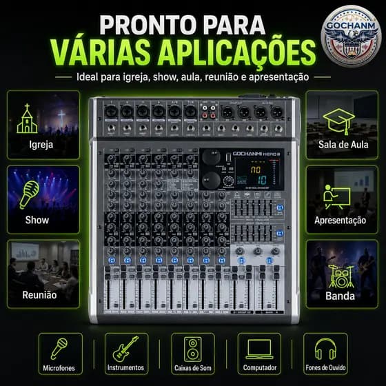 GOCHANMI HERO 8 Mixer de Áudio 8 Canais 99 DSP Low Cut Mute PFL Phantom +48V USB e Bluetooth