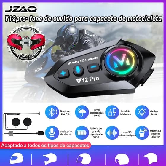 JZAQ Y12Pro Fone Bluetooth para Capacete, IP67 Impermeável, Áudio HD, Música Compartilhada, Intercom para 2 Pessoas