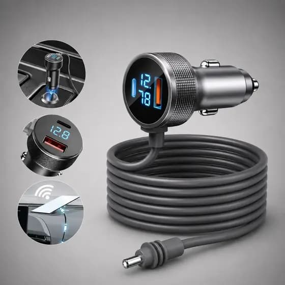 Cabo Veicular para Starlink Mini 12V 24V PD 35W USB-C USB-A com Voltímetro – 3m / 5m