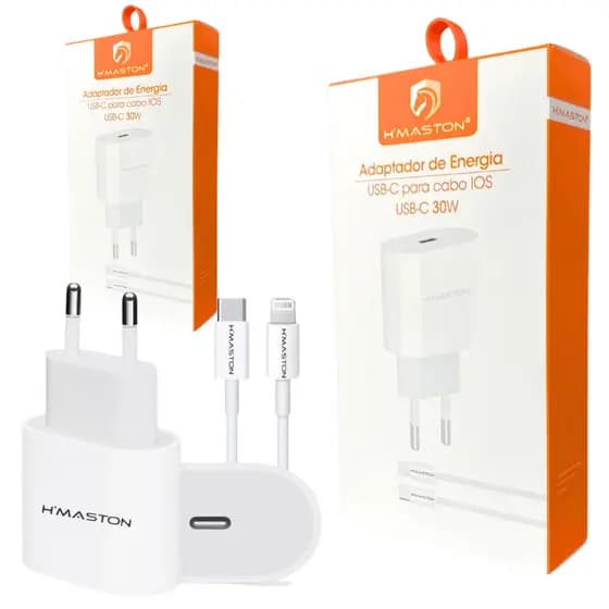 Carregador Turbo iPhone 30W + Cabo Lightning USB-C H’maston Compatível iPhone 6 ao 14