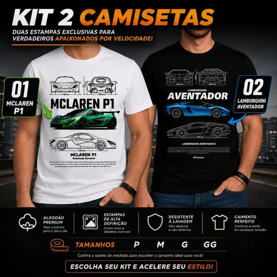 Kit 2 Camisetas Masculinas Performance Supercars Carros Esportivos Premium