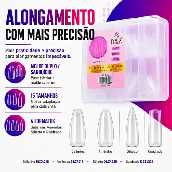 Molde F1 Duplo Sanduiche Unha Gel D&Z 240 Unidades 15 Tamanhos Profissional Reutilizável Transparente
