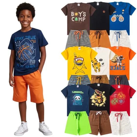 Kit 6 Peças de Roupa Menino Verão - Conjunto Infantil Masculino - 3 Camisetas e 3 Bermudas