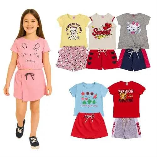 8 Peças de Roupa Feminino Infantil Verão Morago - 4 Blusas + 4 Bermudas - Kit 4 Conjuntos Menina