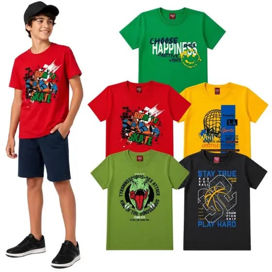 Roupa de Verão Menino Juvenil - Lote 5 Camisetas Menino