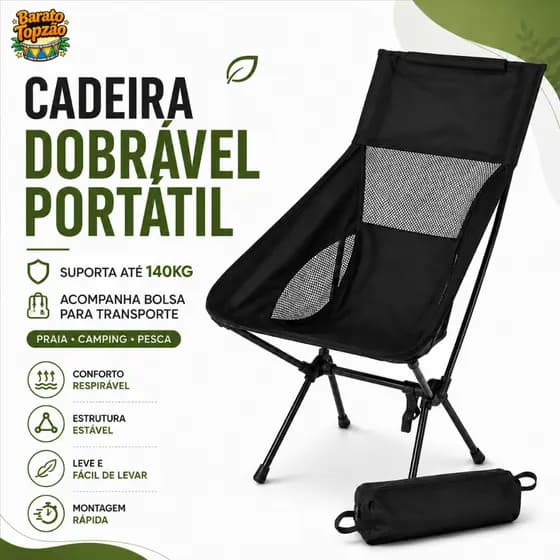 Cadeira Dobrável Portátil Suporta até 140kg Acompanha Bolsa Para Transporte - Praia Camping Pesca