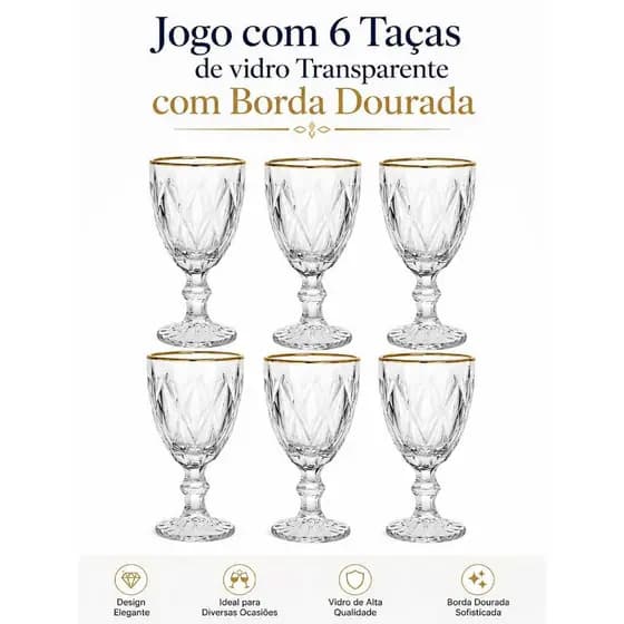 Conjunto de 6 Taças Diamond Vidro Transparente com Borda Dourada 320ml