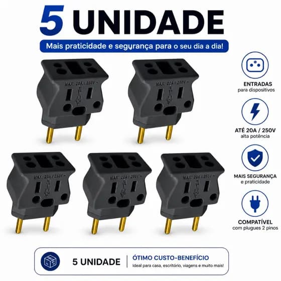 Kit 5 Und Adaptador Tomada Bob Esponja Benjamin 10A / 20A Pino Maciço Resistente Preto