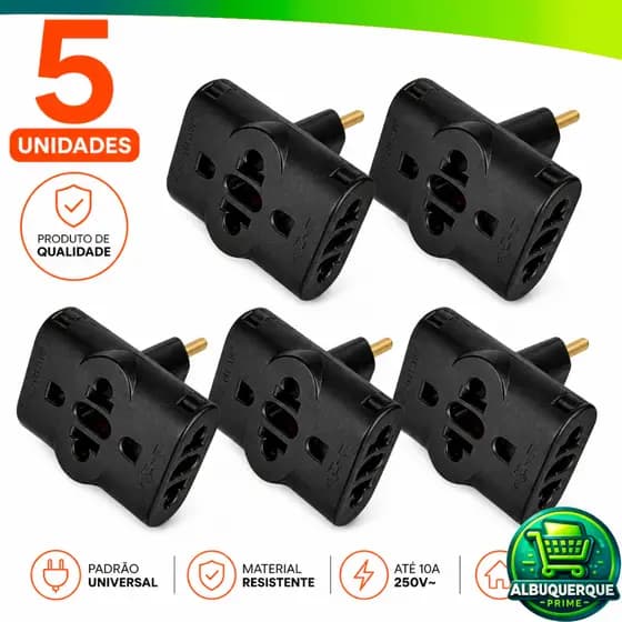 Kit 5 Adaptador de Tomada Benjamin 10A/20A Pino Adaptador T Preto
