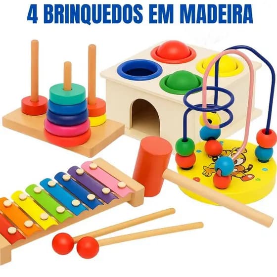 Kit Atividades 4 Brinquedos Pedagógicos Educativos Madeira MDF- Primeira Infância