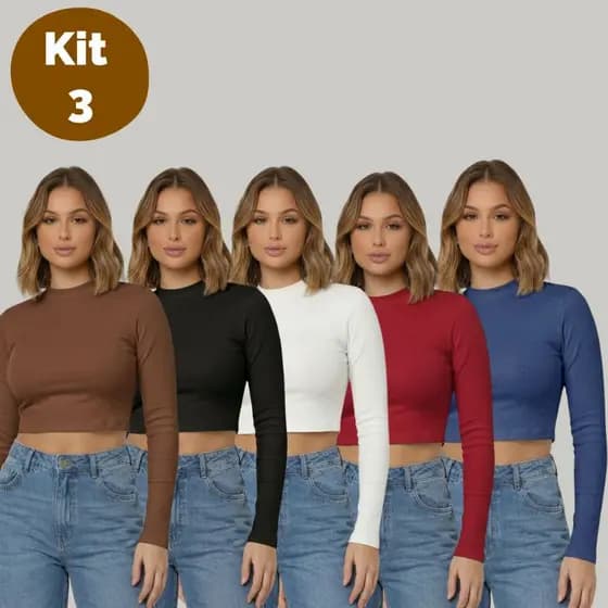 Kit 3 Croppeds Ribana Manga Longa Sortidos Moda Feminina Estilo Blogueira