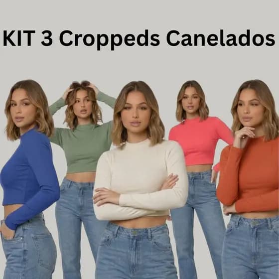Kit 3 Cropped Manga Longa Ribana Canelada inverno