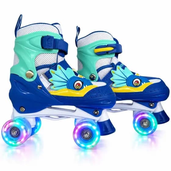 Patins Dinossauro Quad 4 Rodas Infantil Tamanha Regulável Com Rodinhas de LED + Bolsa