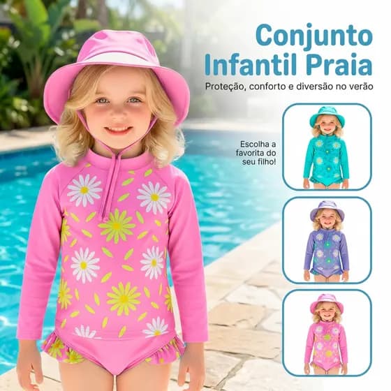 Biquini Infantil Com Camiseta Proteção Uv 50+ Com Chapéu Piscina