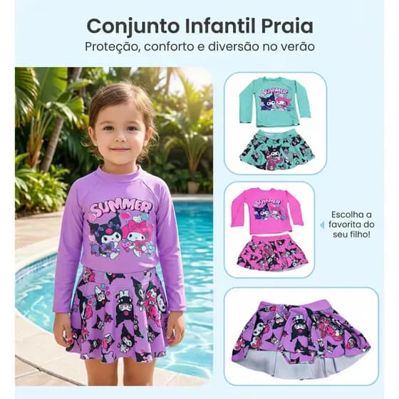 Kit Praia Feminino Biquini Infantil Juvenil Blusa Manga Longa Proteção UVShort/Saia Moda Praia Verão