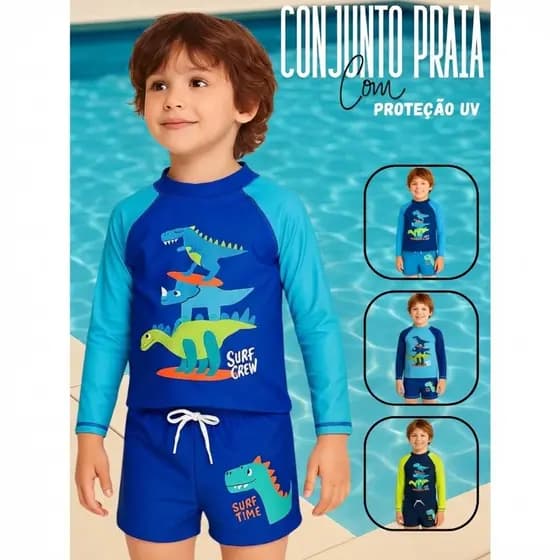 Sunga Infantil Juvenil Sunga+ Camiseta Manga Longa Proteção Solar Uv 50 Kit 2 Peça