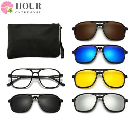 Conjunto De Óculos De Sol Polarizados HOUR , Armação Quadrada De Proteção UV400 Preta , Ciclismo/Condução