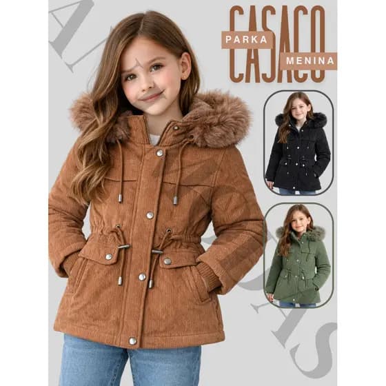 Jaqueta Parka Infantil Menina Juvenil Casaco Inverno com Zíper Estilosa