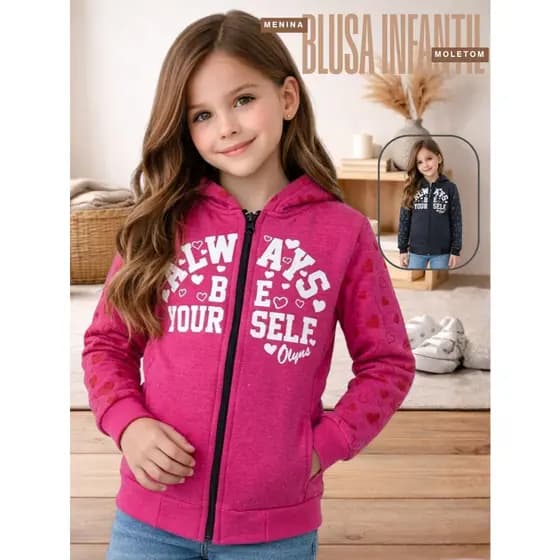 Blusa Moletom Infantil Menina Com Zíper e Capuz Estampa Coração Casaco Aberto Feminino