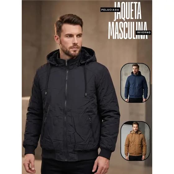 Jaqueta Masculina Peluciada Por Dentro Sarja/Nylon Com Capuz Removível Frio Inverno