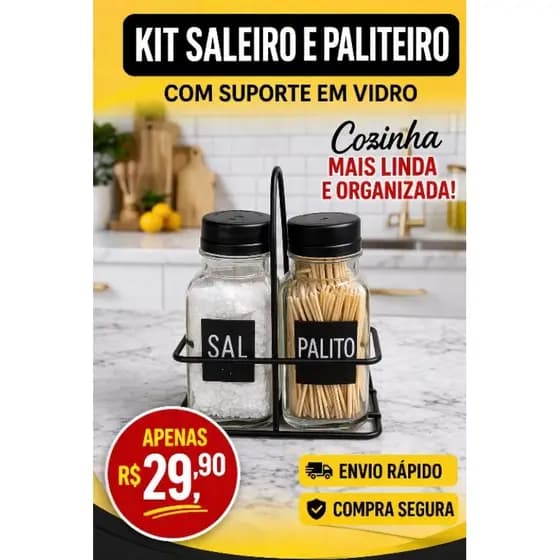 Kit Saleiro e Paliteiro de Vidro com Suporte – Porta Sal e Palito para Cozinha e Mesa