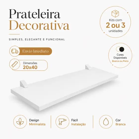 Kit Prateleiras Parede 20x40cm 2 ou 3 Unidades Preta ou Branca Com Buchas E Parafusos Envio Rapido