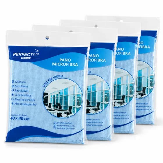 Kit 4 Panos Microfibra Limpa Vidros Telas Espelhos 40x40cm Azul Perfect Pro Condor Sem Fiapos