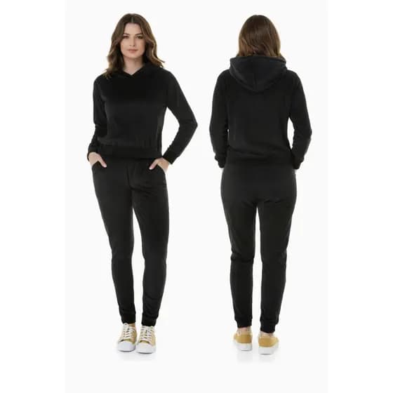 Conjunto Feminino Fleece Canelado Moletom com Capuz + Calça Jogger Confortável