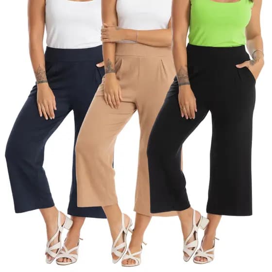Calça Pantacourt Feminina em com Cintura Alta Caimento Poliester Solto Confortável e Elegante
