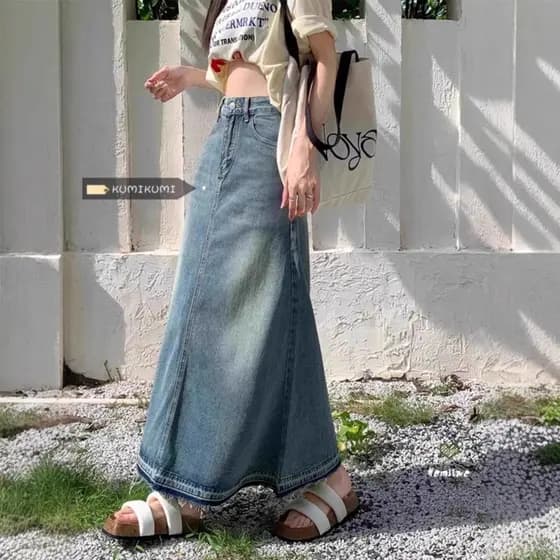 Saia jeans desgastada com Design retrô de Hong Kong, saia jeans feminina Plus Size, saia longa evasê alta.