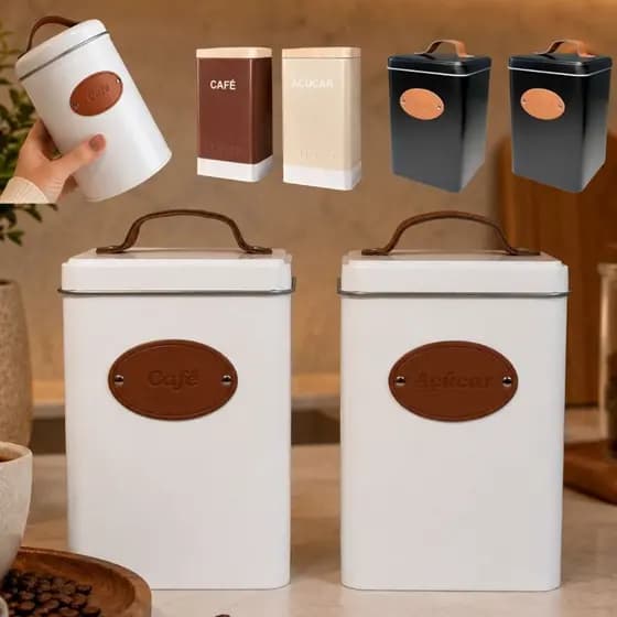 Kit 2 Potes Latas para Café e Açúcar em Metal Cantinho do Café