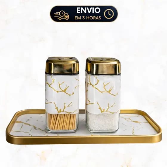 Kit 2 Saleiros Marmorizados + 1 Bandeja Decorativa Dourada - Porta tempero