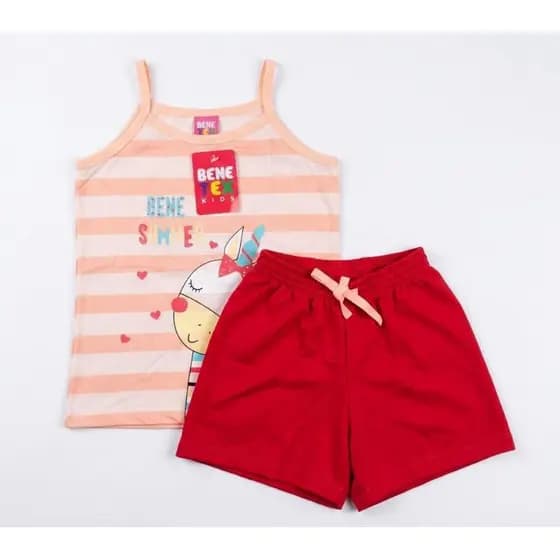 Conjunto Infantil Feminino Unicórnio Verão Regata Listrada e Short Vermelho Tam 8 Anos