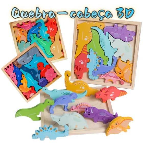 Quebra‑Cabeça 3D Montessori de Madeira, Brinquedo Educativo com Animais e Dinos de Crianças com Formas e Animais