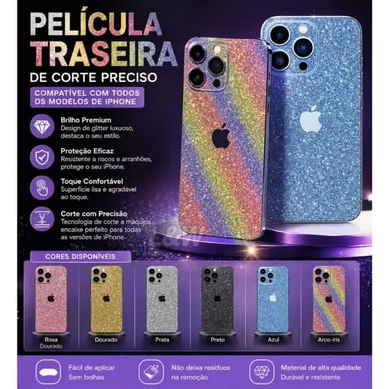 Película Traseira Glitter Brilhante para series de iPhone 11 12 13 14 15 16 17 Pro Max Skin Luxo