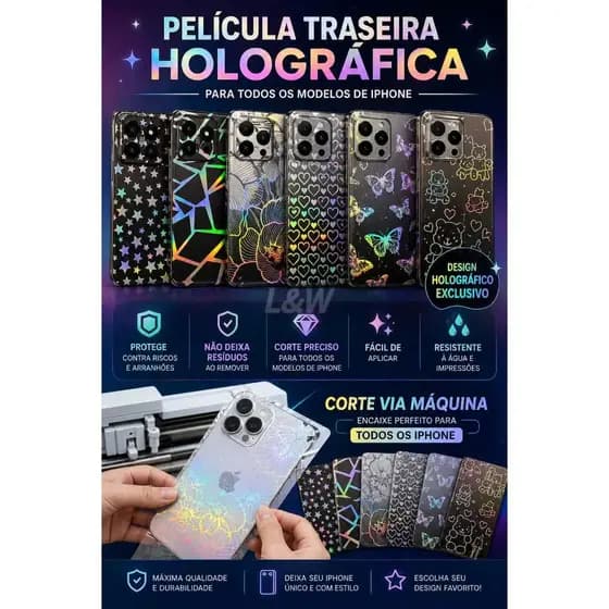 Película Traseira de cor Holográfica Para Todos Modelos iPhone - Vários Desenhos