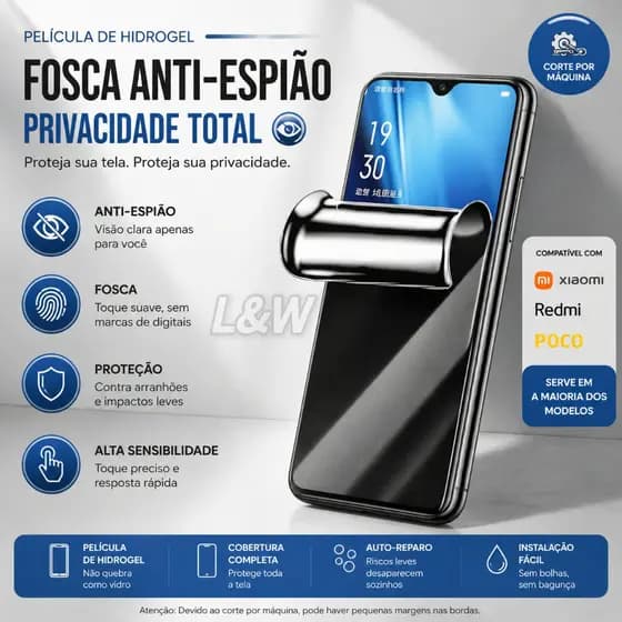 Película De Hidrogel Fosca Anti-Espionagem Privacidade Para series de Xiaomi, Redmi, Poco