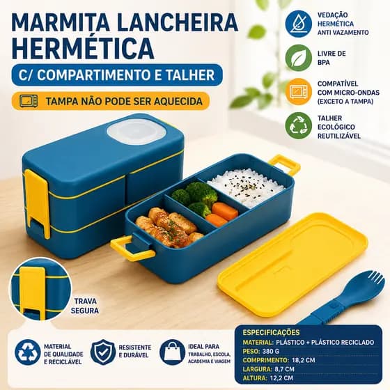Marmita Hermética com Compartimentos e Talheres – Anti Vazamento