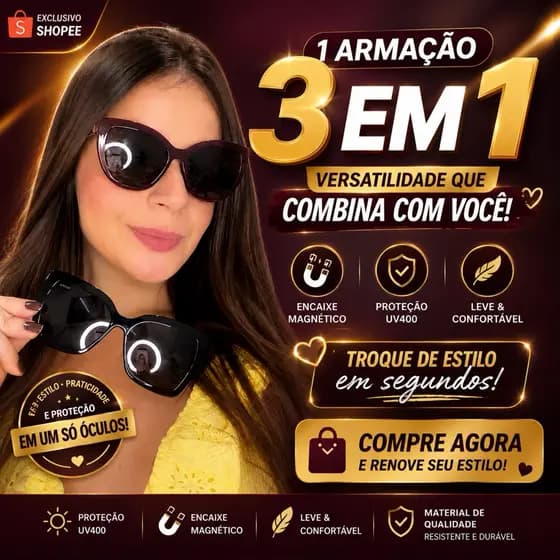 Armação 3 em1 Haste Metal Premium | 2 Clip-On Solar PolarizadO