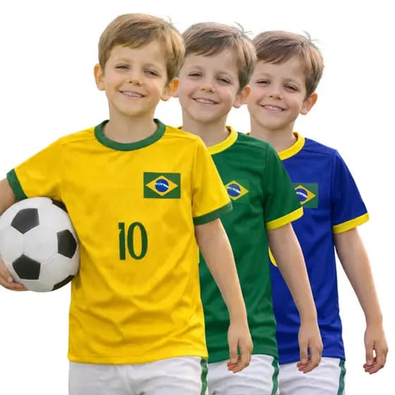 Kit 3 Camisetas Brasil Infantil Masculina Manga Curta Torcedor Futebol 2 à 8 Anos