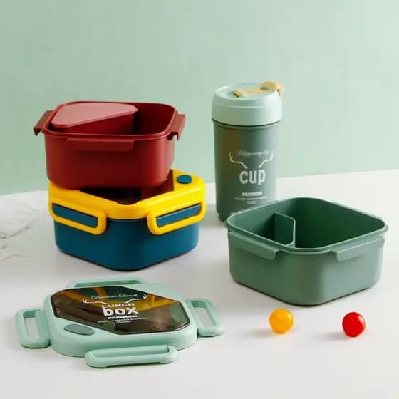 Kit Marmita Micro-ondas Hermética Com Divisória + Garrafa + Talheres Premium AntiVazamento Livre de BPA Escola