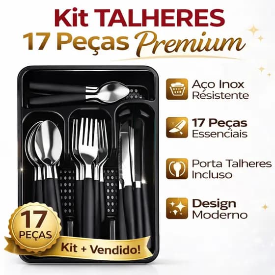 Kit Talheres 17 Peças Inox com Porta Talher Organizador | Colher Garfo Faca Mesa Completo Cozinha