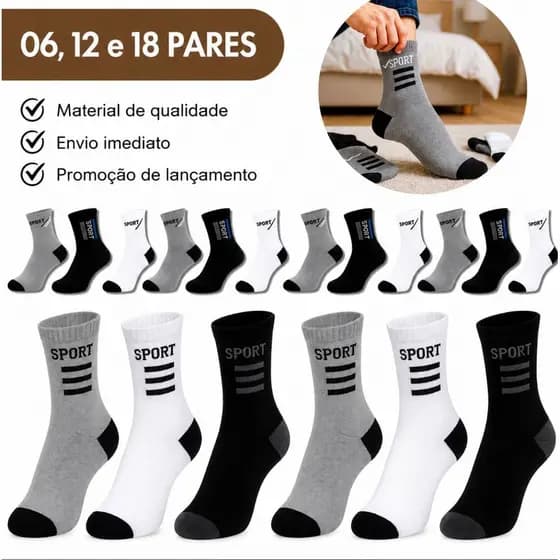 Meia Adulto Cano Alto Masculina e Feminina Conforto para o Dia a Dia KIT com 6,12 ou 18 pares