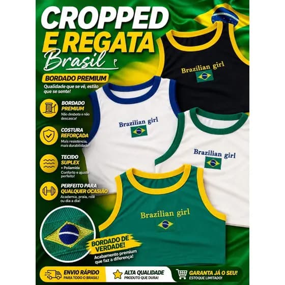 Cropped Feminino Brasil Bordado Premium 🇧🇷 Suplex Poliamida Alta Qualidade | Top Regata Ajustado Academia Moda Verão