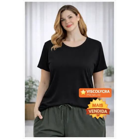 Blusa Feminina Básica Lisa Viscolycra Gola Canoa Manga Curta Confortável P ao GG