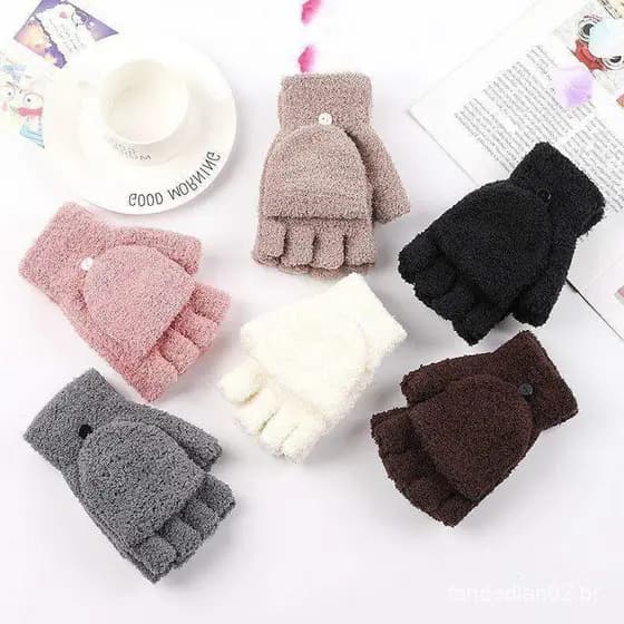 Moda Inverno Flip Cover Luvas Femininas Coral Veludo Meio Dedo