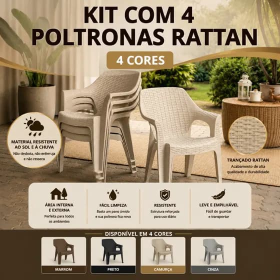 Kit 4 Poltronas Rattan Reforçada Empilhável Escritório Varanda Piscina Salão Jardim Lazer Área Lazer